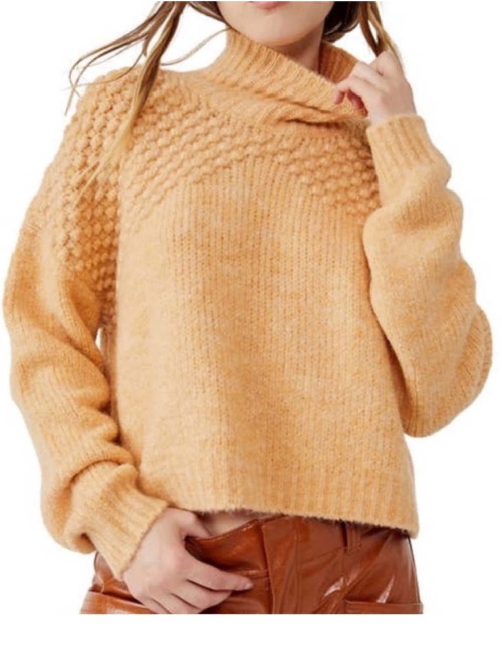 Free People Medium Sweater Bradley Textured Turtleneck in Camel Heather NWT